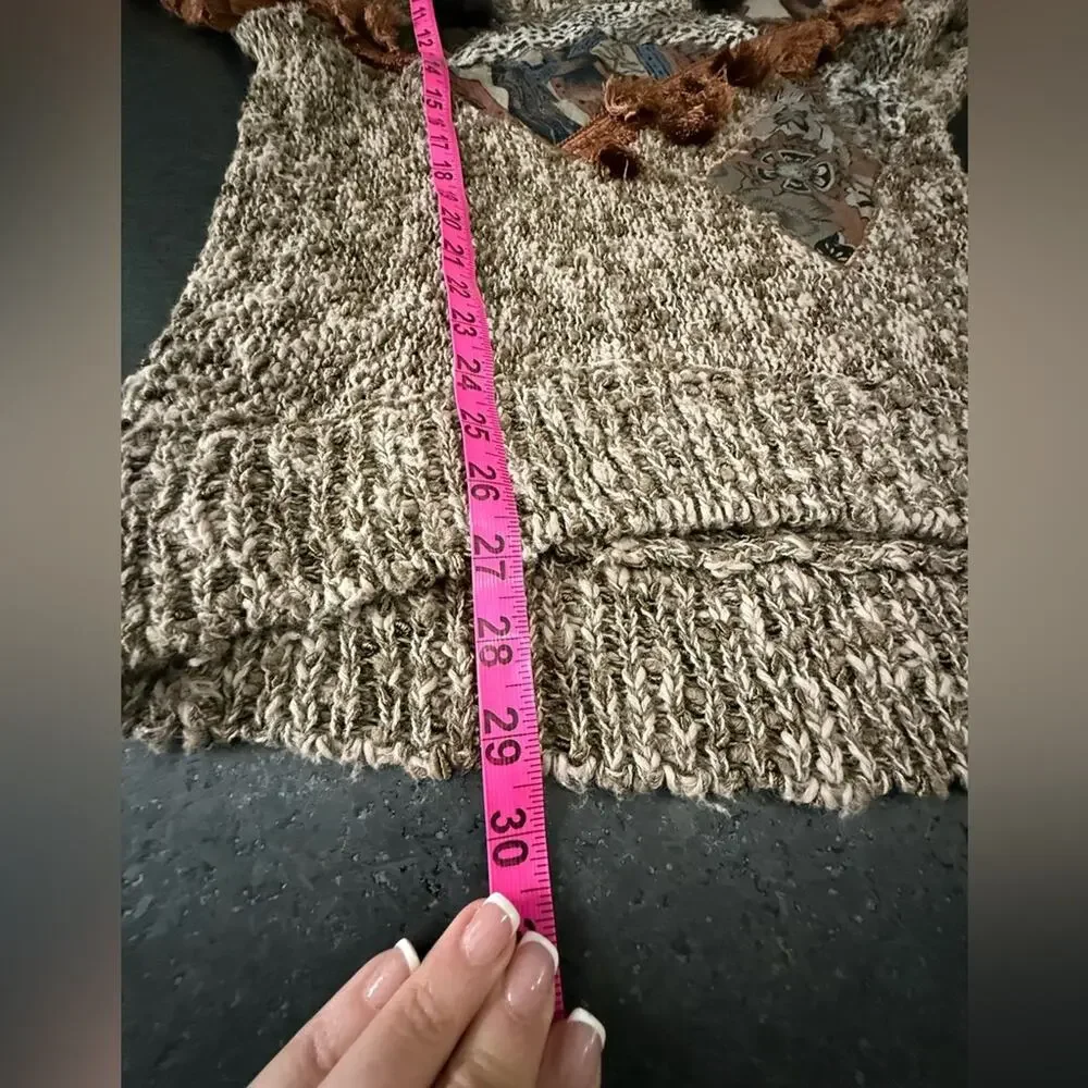 Vintage 1980s Oversized Faux Fur Trim  Animal Print Tassels Chunky Knit SZ SMALL